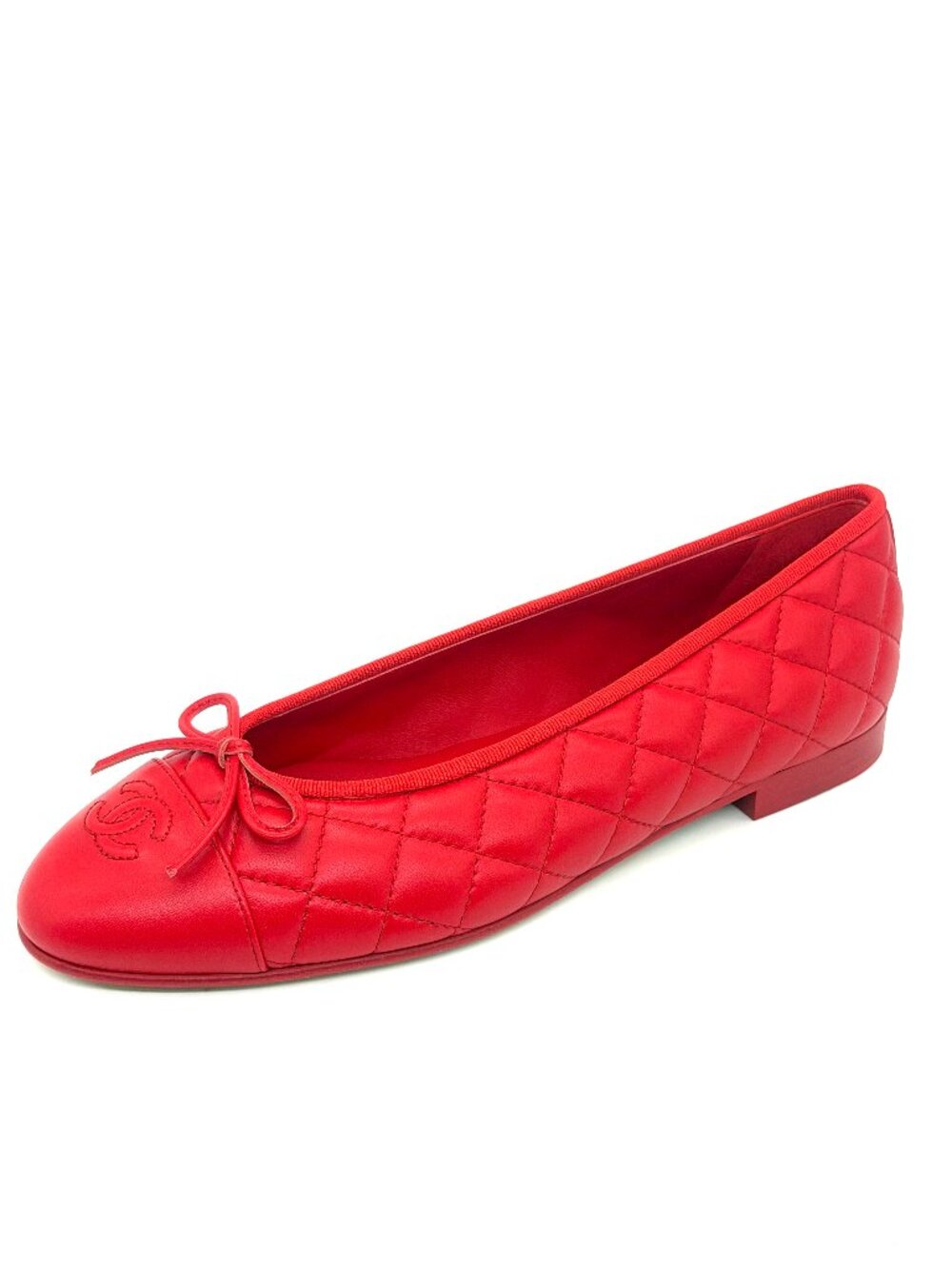 CHANEL 26B CC Logo Quilted Lambskin Leather Cap Toe Bow Ballerina Ballet Flats